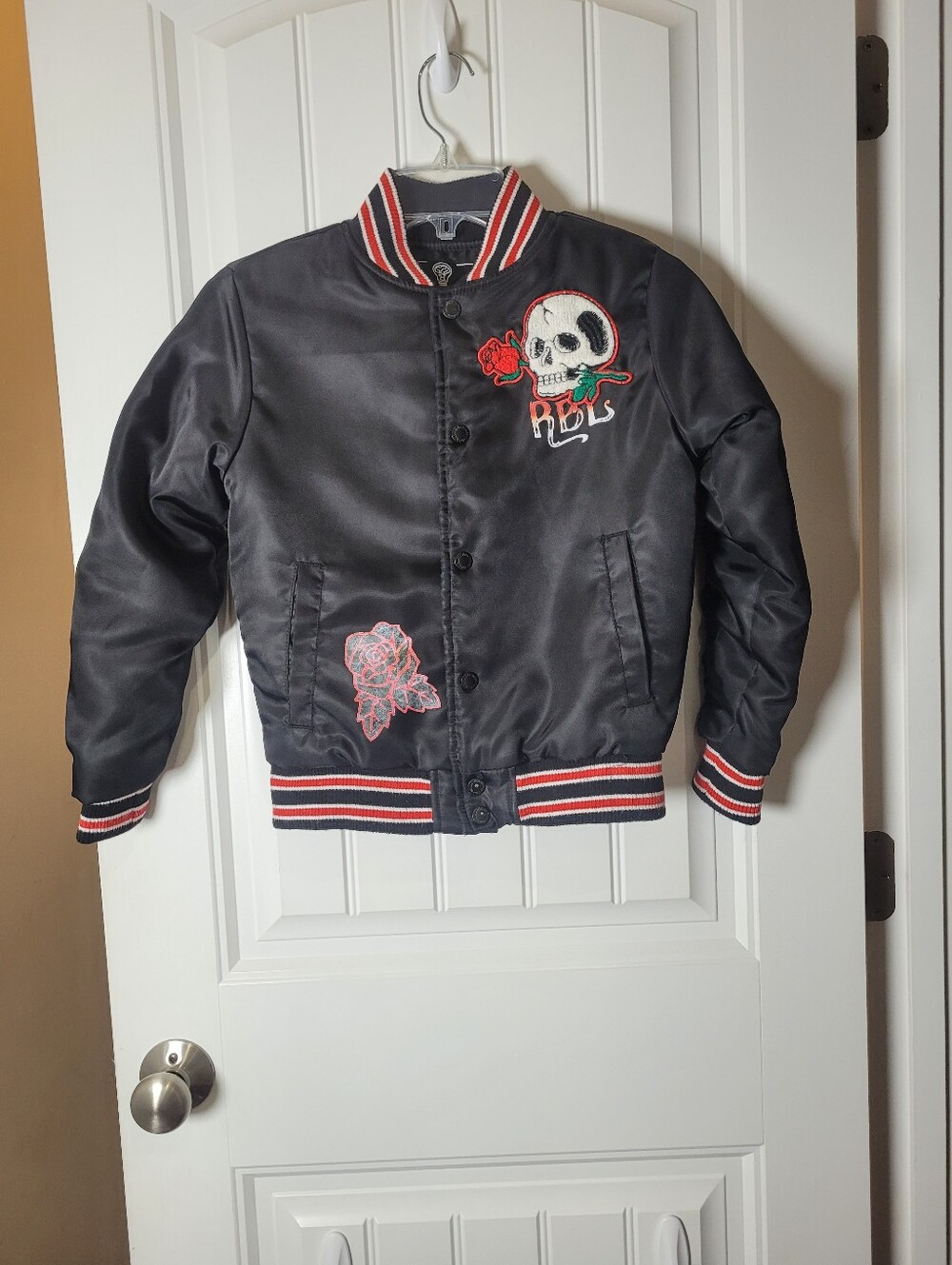 Kids Black Bomber Jacket with Skull & Rose Embroidery by Rebel Minds